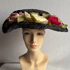1960s 1970s Black Wide Brim Floral Trim Hat